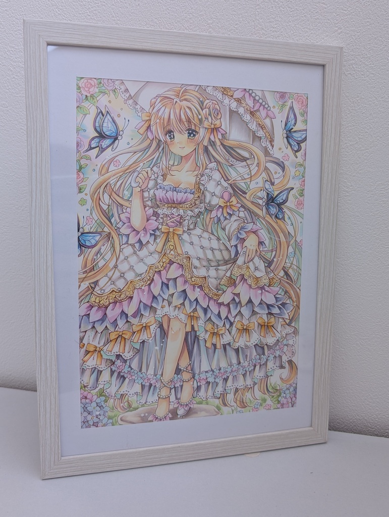 B5原画 紫陽花のドレスと青い蝶のワルツ 手描きイラスト オリジナル 創作 一点物 アナログ