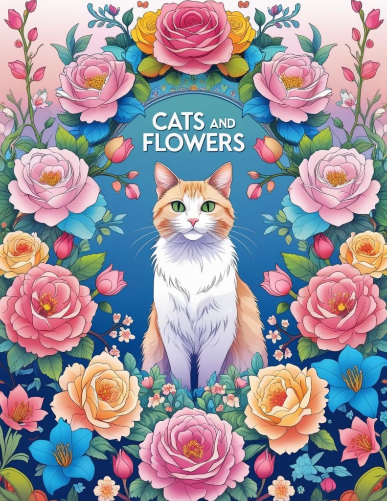 Cat and Flowers | 11 Printable Coloring Pages | Adult Coloring Book PDF