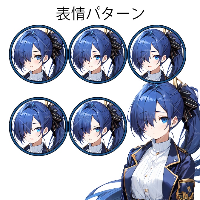 【立ち絵】素材No.6 女性1人 表情6パターンセット メカクレ 制服 青髪 ポニーテール TRPG マモノスクランブル エモクロア