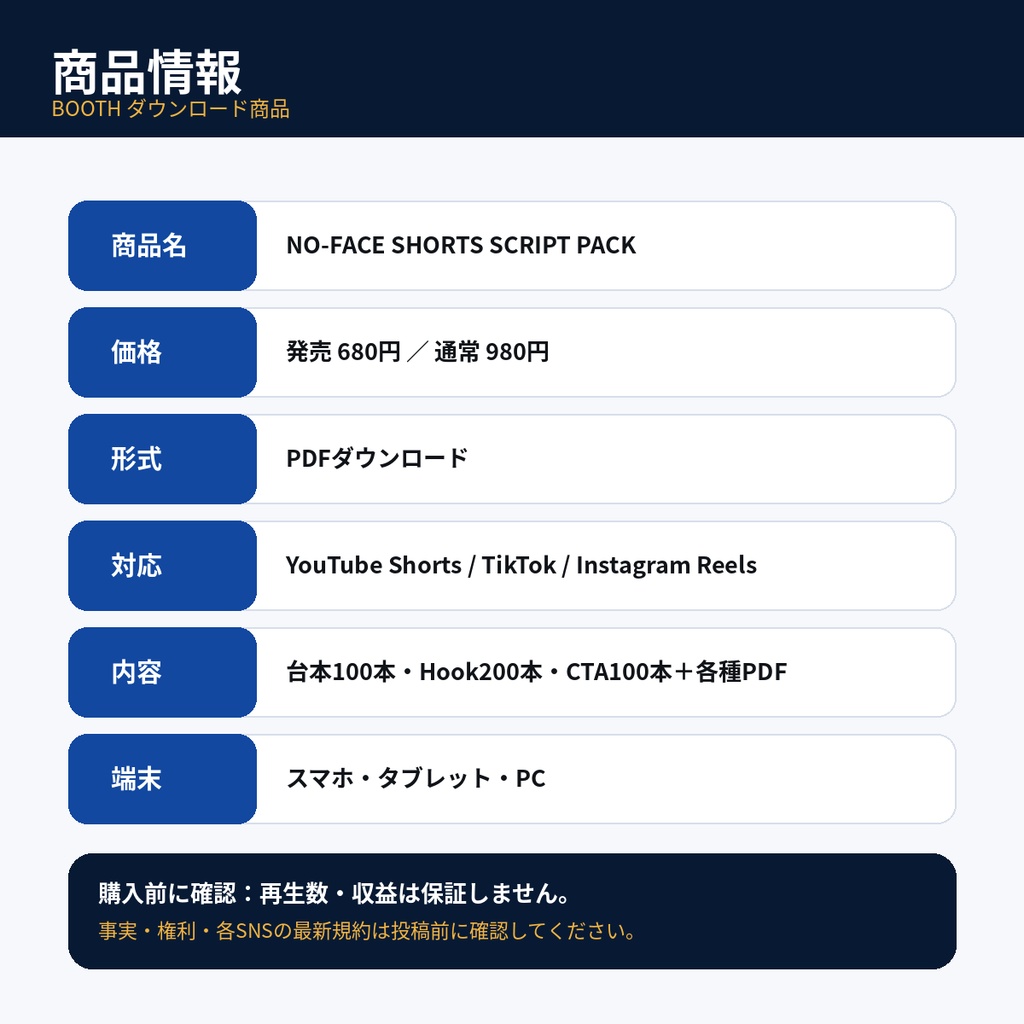 【特別価格】NO-FACE SHORTS SCRIPT PACK|顔出しなし×AI ショート動画台本100本