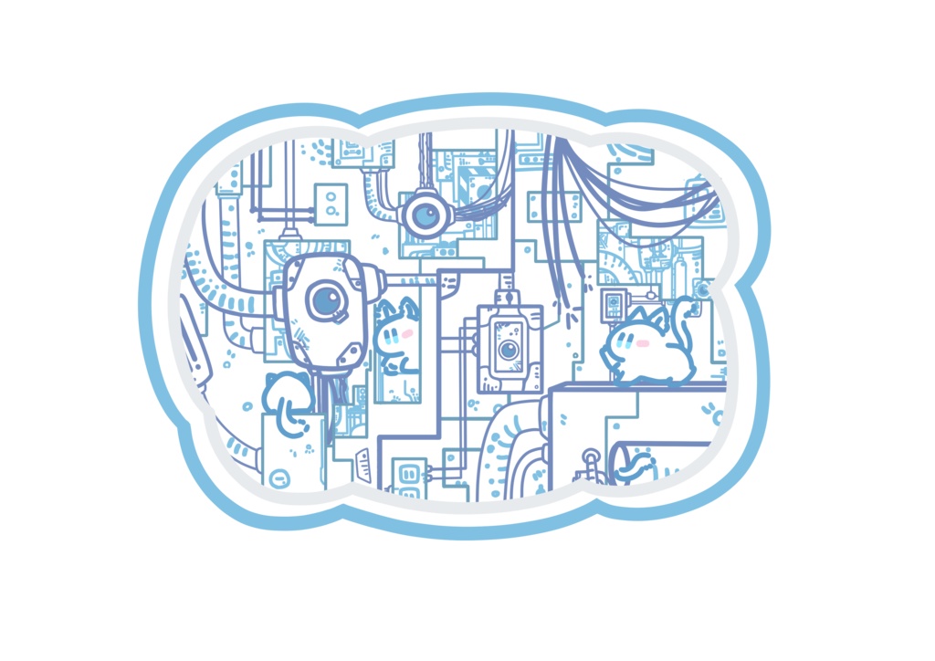 機器に囲まれている白ねこTシャツ