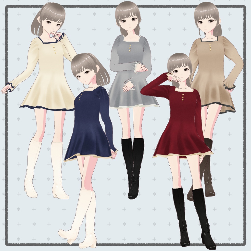 【#Vroid】スクエアネックミニワンピ ロングブーツセット