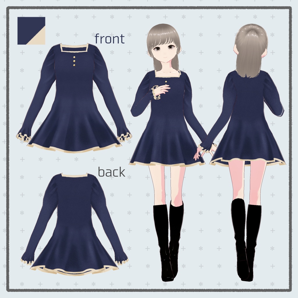 【#Vroid】スクエアネックミニワンピ ロングブーツセット