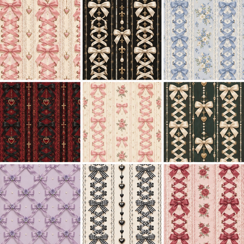 ribbon lacing digitalpaper かわいい 編み上げリボン柄 コラージュ 9枚セット