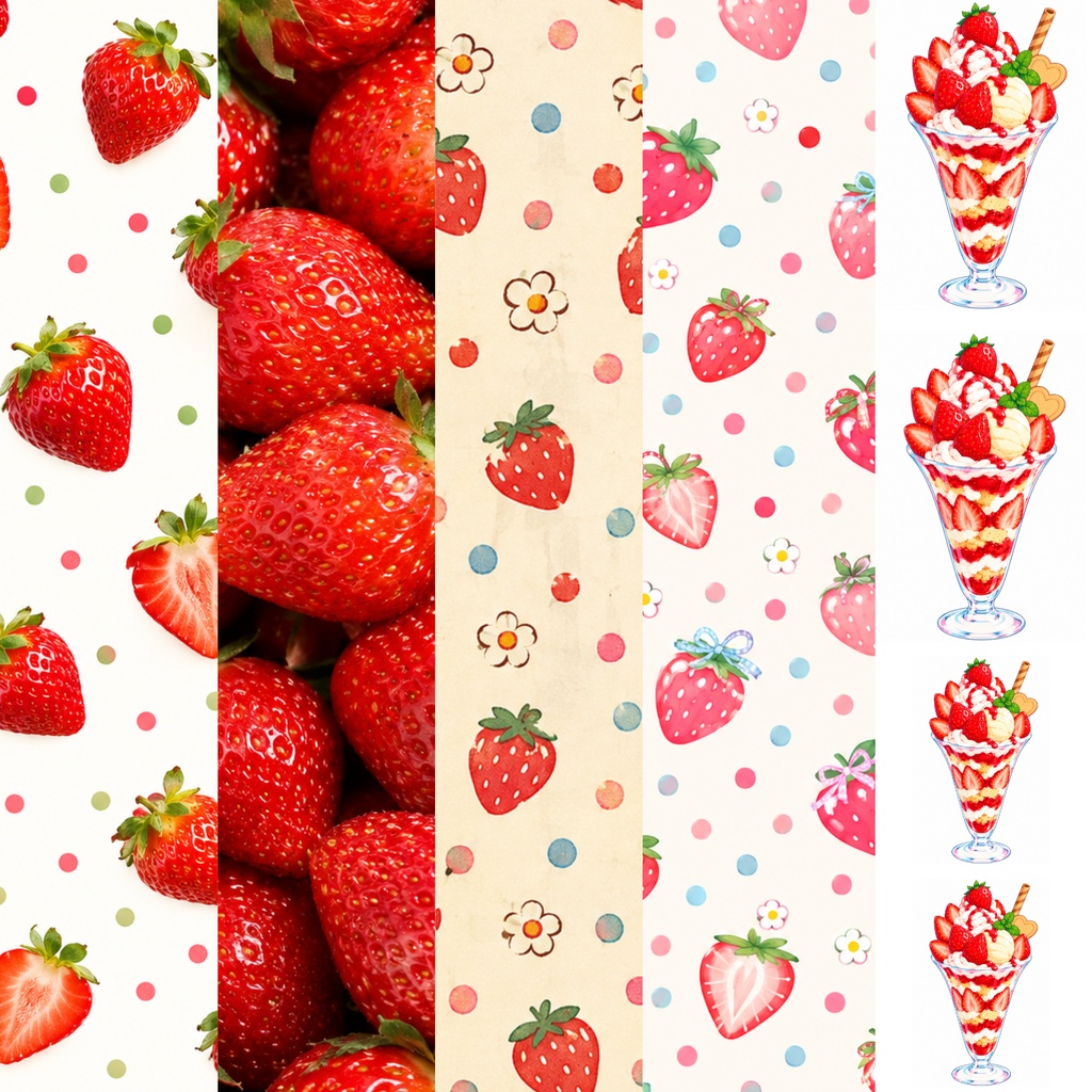 いちご柄 壁紙 コラージュ 手帳デコ Strawbdrry Pattern digitalpaper5枚セット