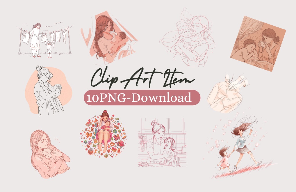 やわらかい風とピンクで描く「育児のリアル」線画クリップアートセット(全10点・PNG)