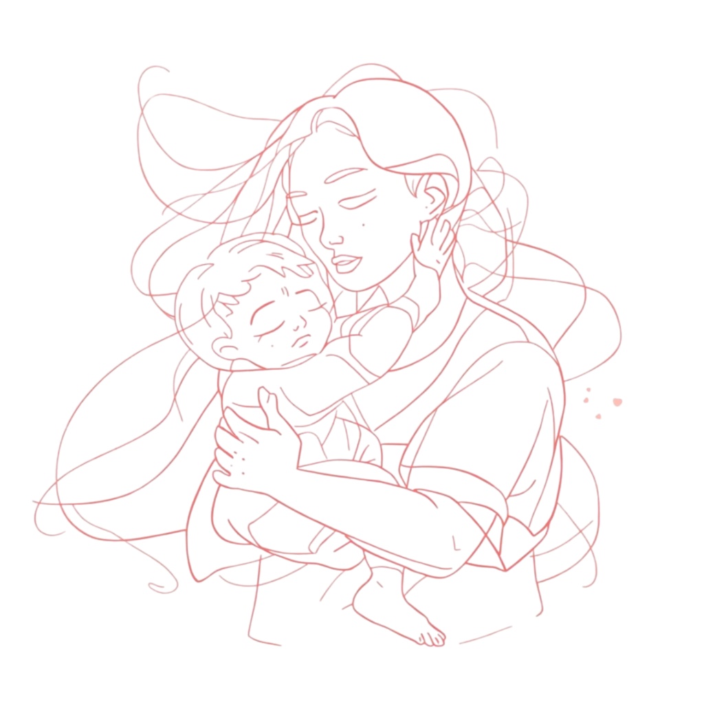 やわらかい風とピンクで描く「育児のリアル」線画クリップアートセット(全10点・PNG)