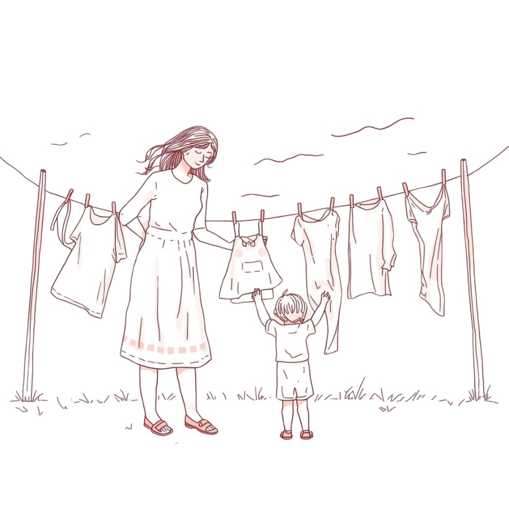 やわらかい風とピンクで描く「育児のリアル」線画クリップアートセット(全10点・PNG)