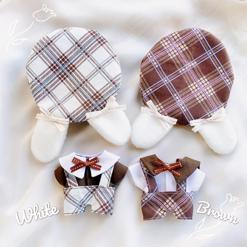 うさ耳ベレー帽とチェックのサロペットセット