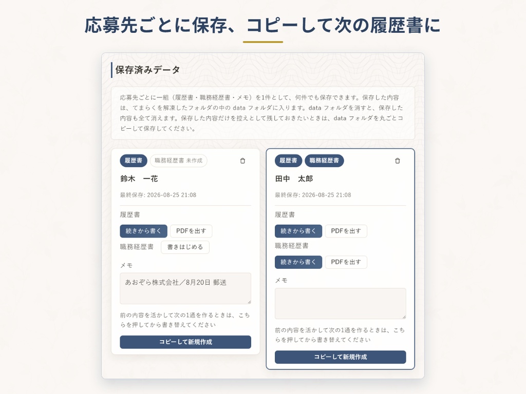 てまらく 履歴書・職務経歴書ツール デスクトップ版|保存して使い回せる・書いたあとのサポート集つき(Windows)