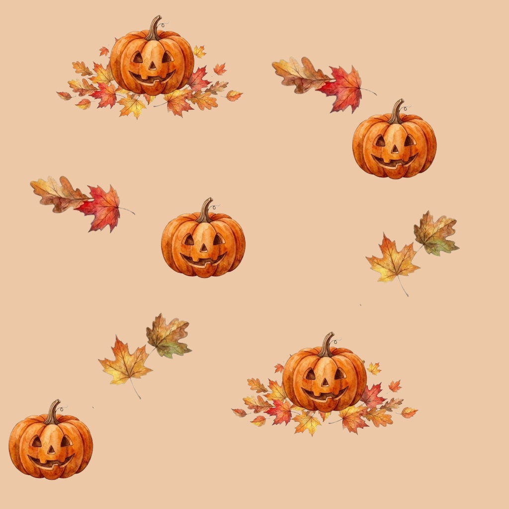 【商用利用可】水彩風ハロウィン背景素材「かぼちゃと秋の落ち葉」【シームレスパターン/デジタルペーパー】