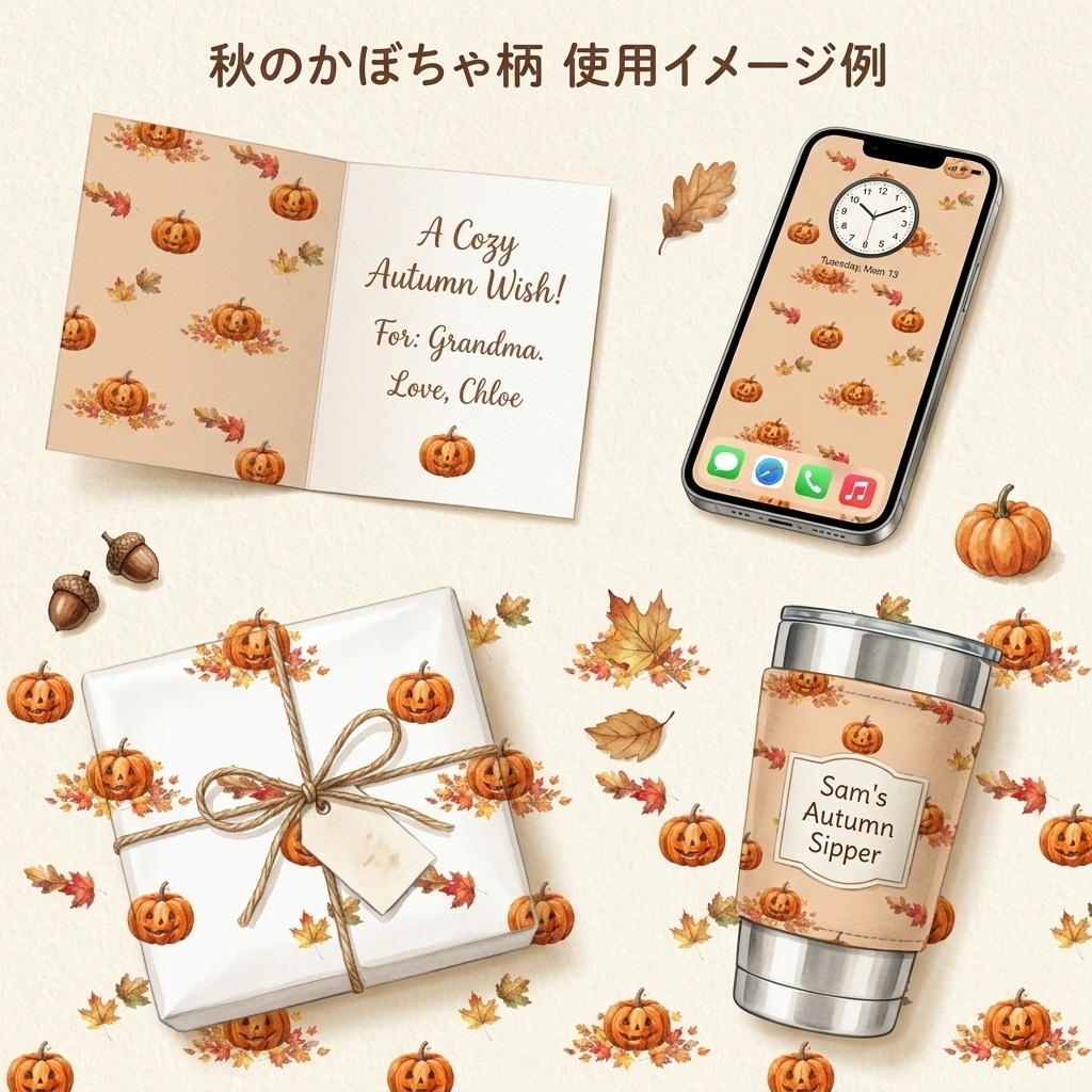【商用利用可】水彩風ハロウィン背景素材「かぼちゃと秋の落ち葉」【シームレスパターン/デジタルペーパー】