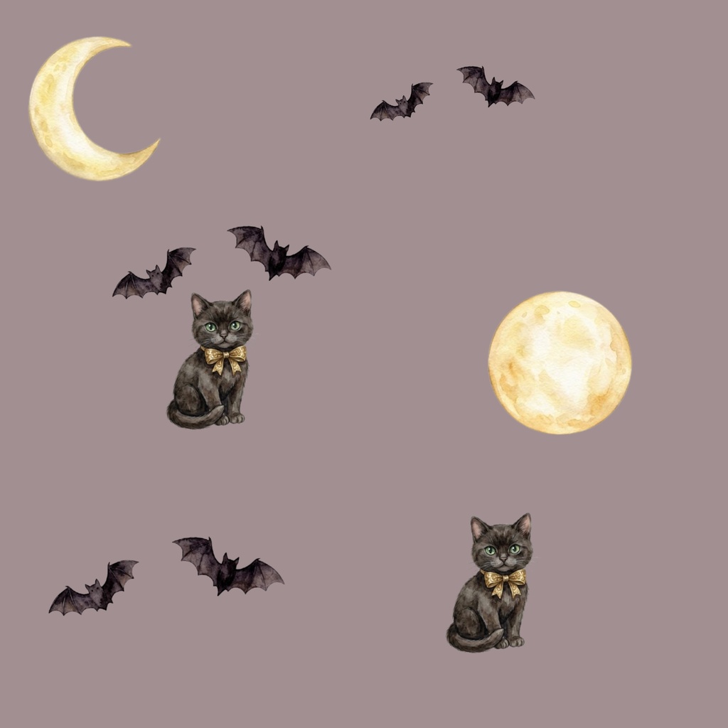【商用利用可】水彩風ハロウィン背景素材「月と黒猫とコウモリ」【シームレスパターン/デジタルペーパー】