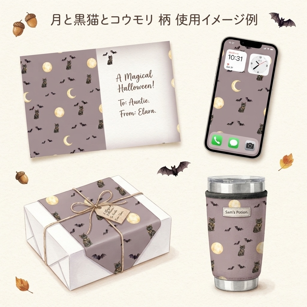 【商用利用可】水彩風ハロウィン背景素材「月と黒猫とコウモリ」【シームレスパターン/デジタルペーパー】