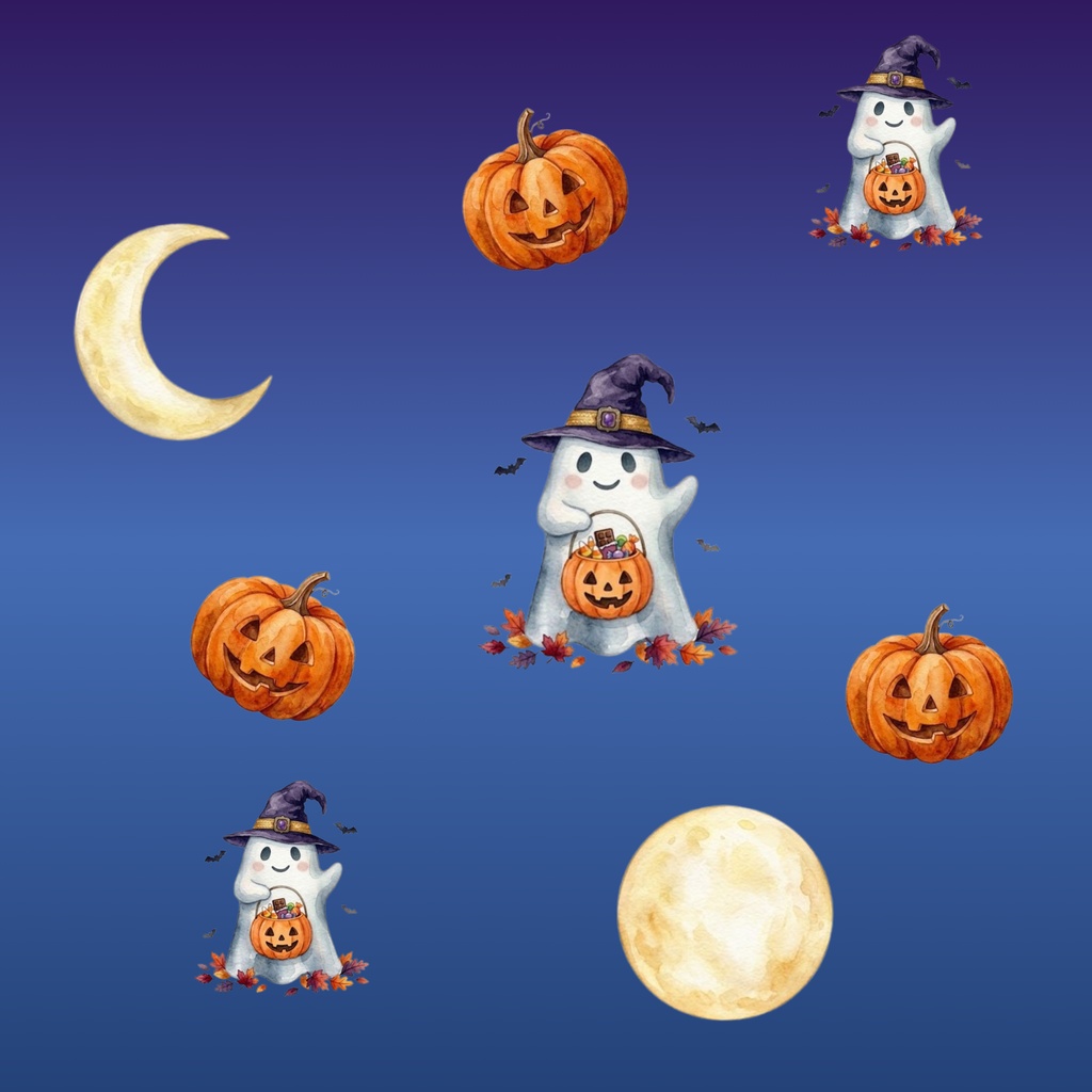【商用利用可】水彩風ハロウィン背景素材「夜空とおばけ・かぼちゃ」【シームレスパターン/デジタルペーパー】