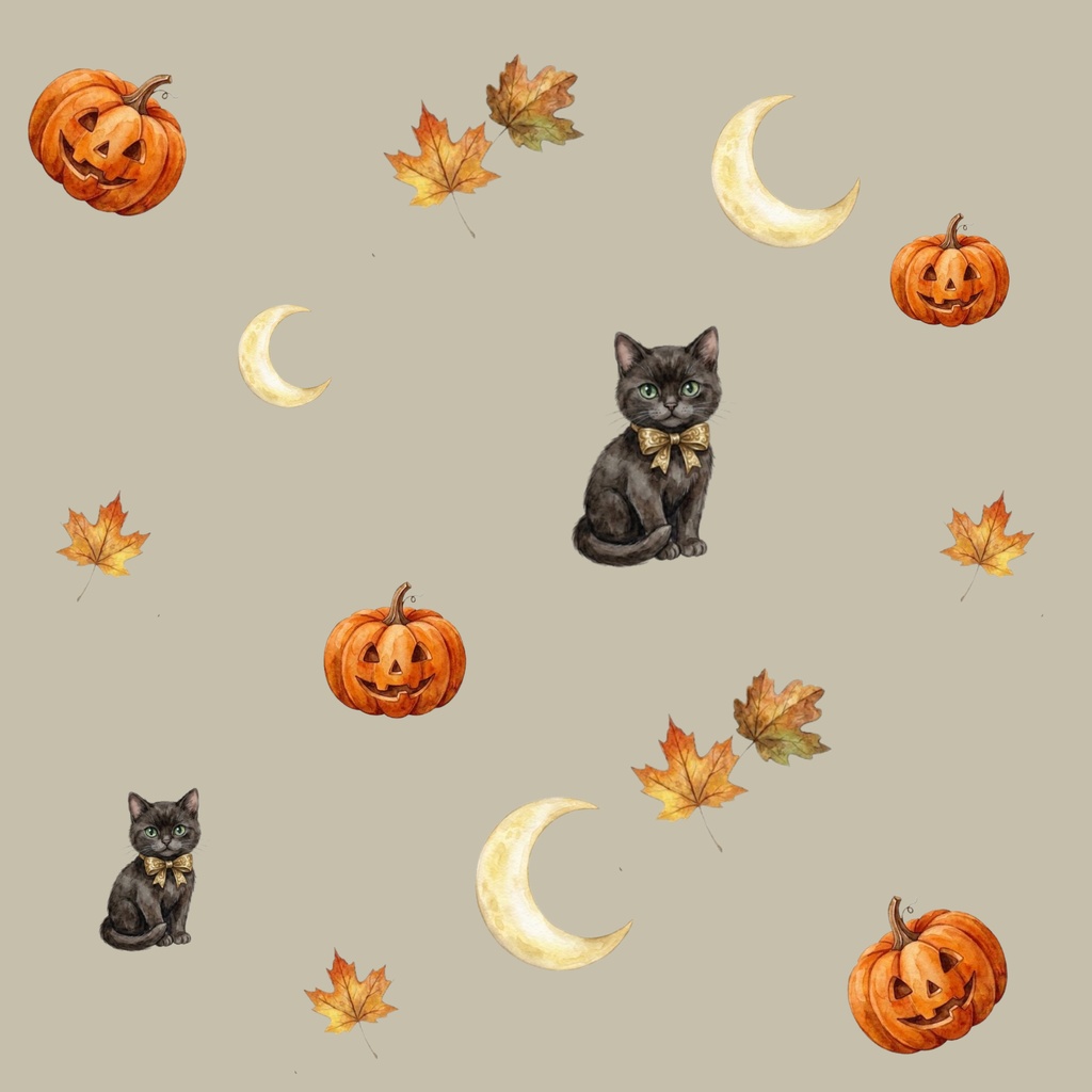 【商用利用可】水彩風ハロウィン背景素材「ナチュラルくすみ黒猫」【シームレスパターン/デジタルペーパー】