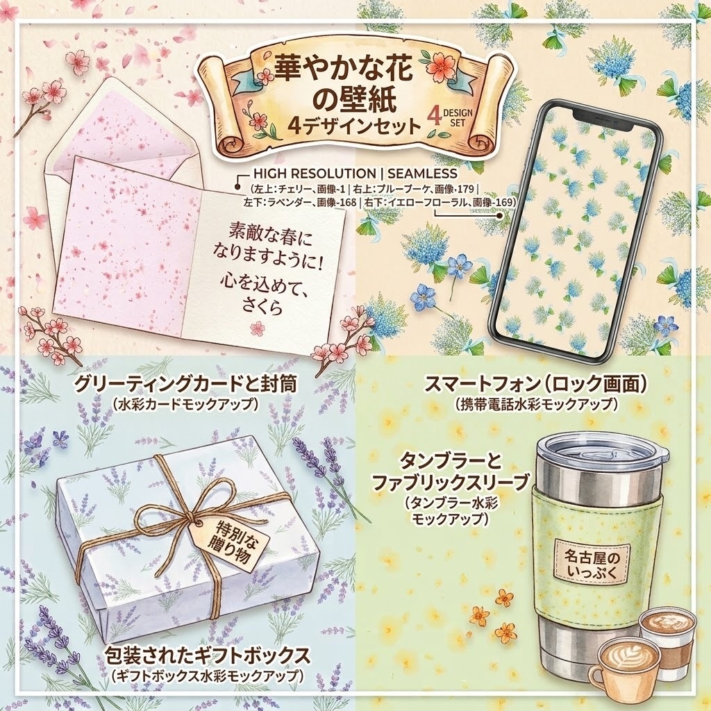ボタニカルフラワー シームレスパターン4種セット(桜・すずらん・ラベンダー・タンポポ)