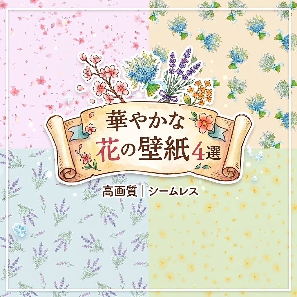 ボタニカルフラワー シームレスパターン4種セット(桜・すずらん・ラベンダー・タンポポ)