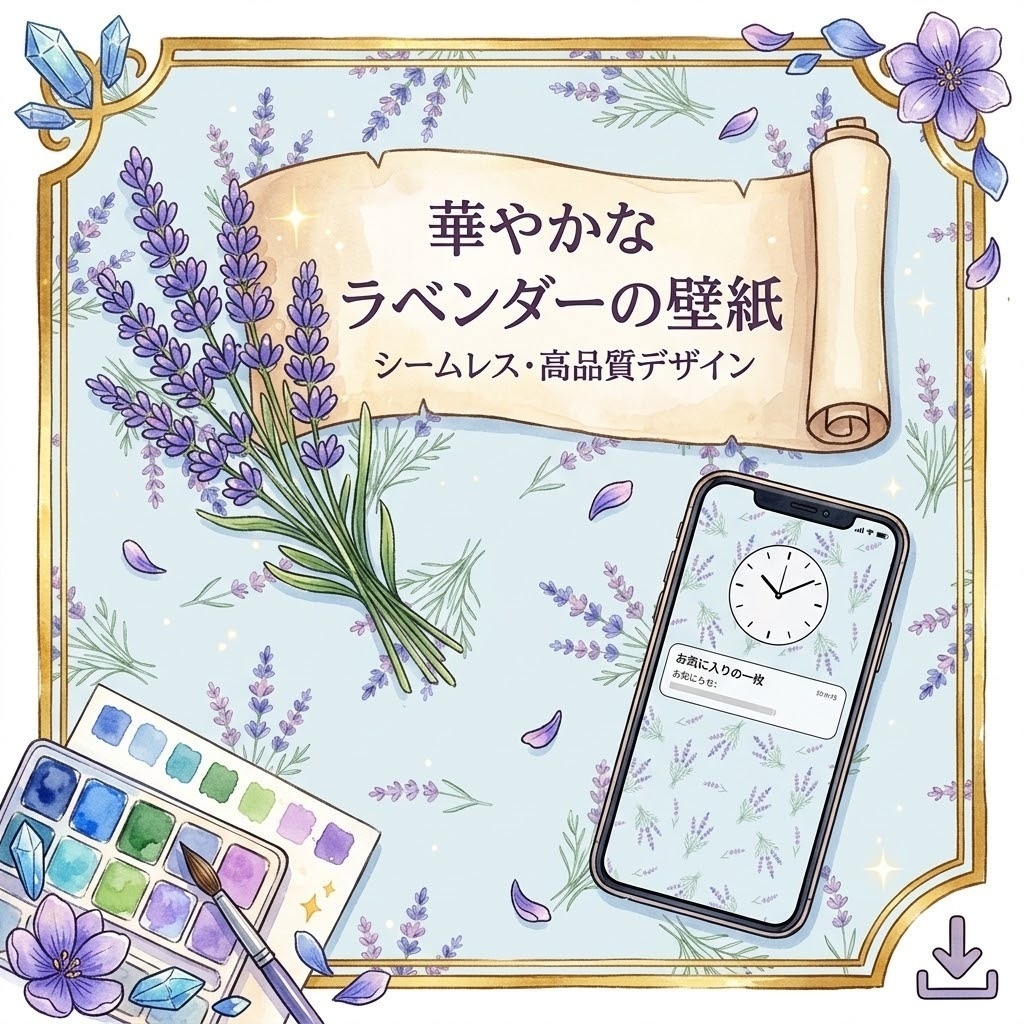 ラベンダーとハーブ シームレスデジタルペーパー（ライトブルー・ボタニカル）