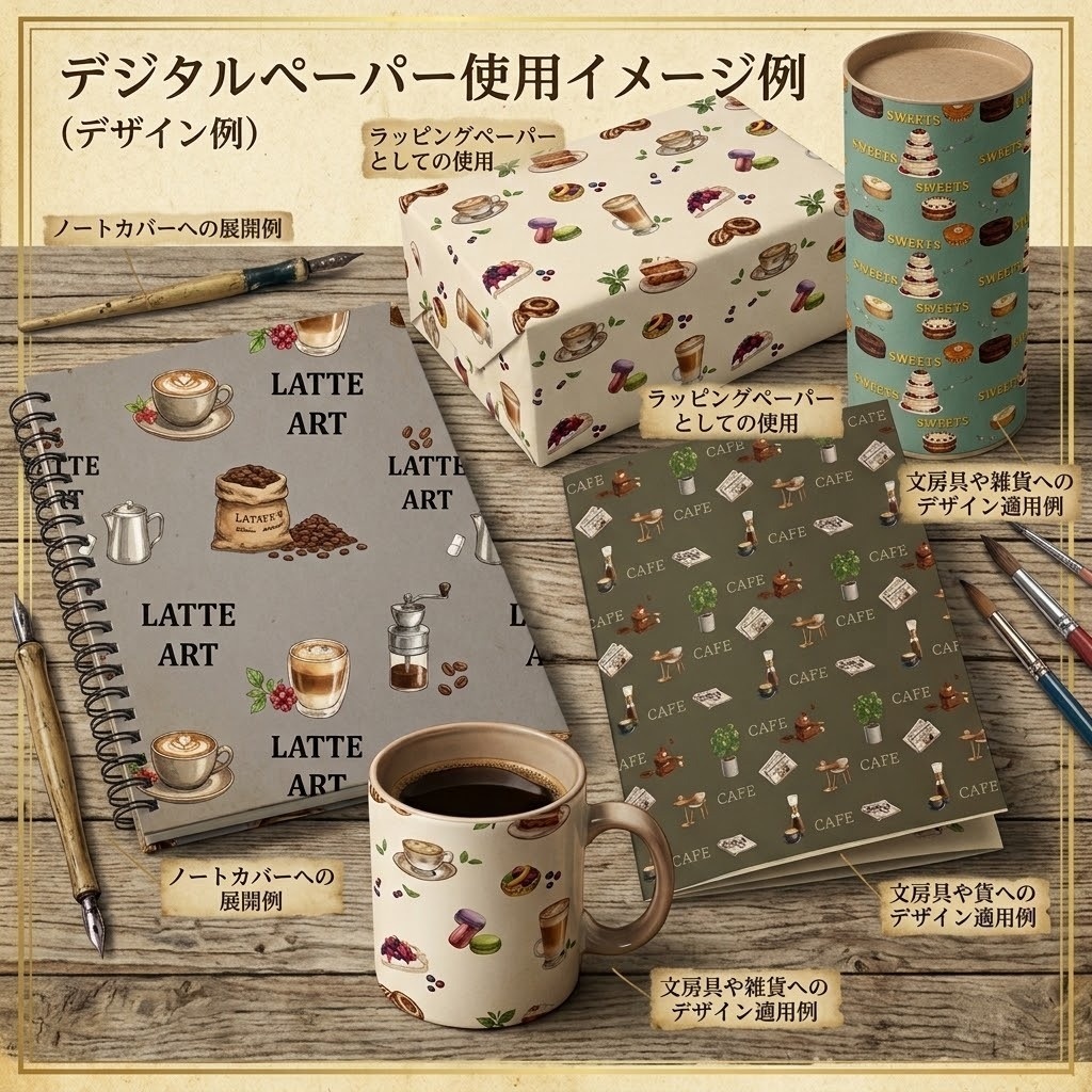 カフェ&スイーツ シームレスパターン4種セット(ラテアート・ケーキ・喫茶)