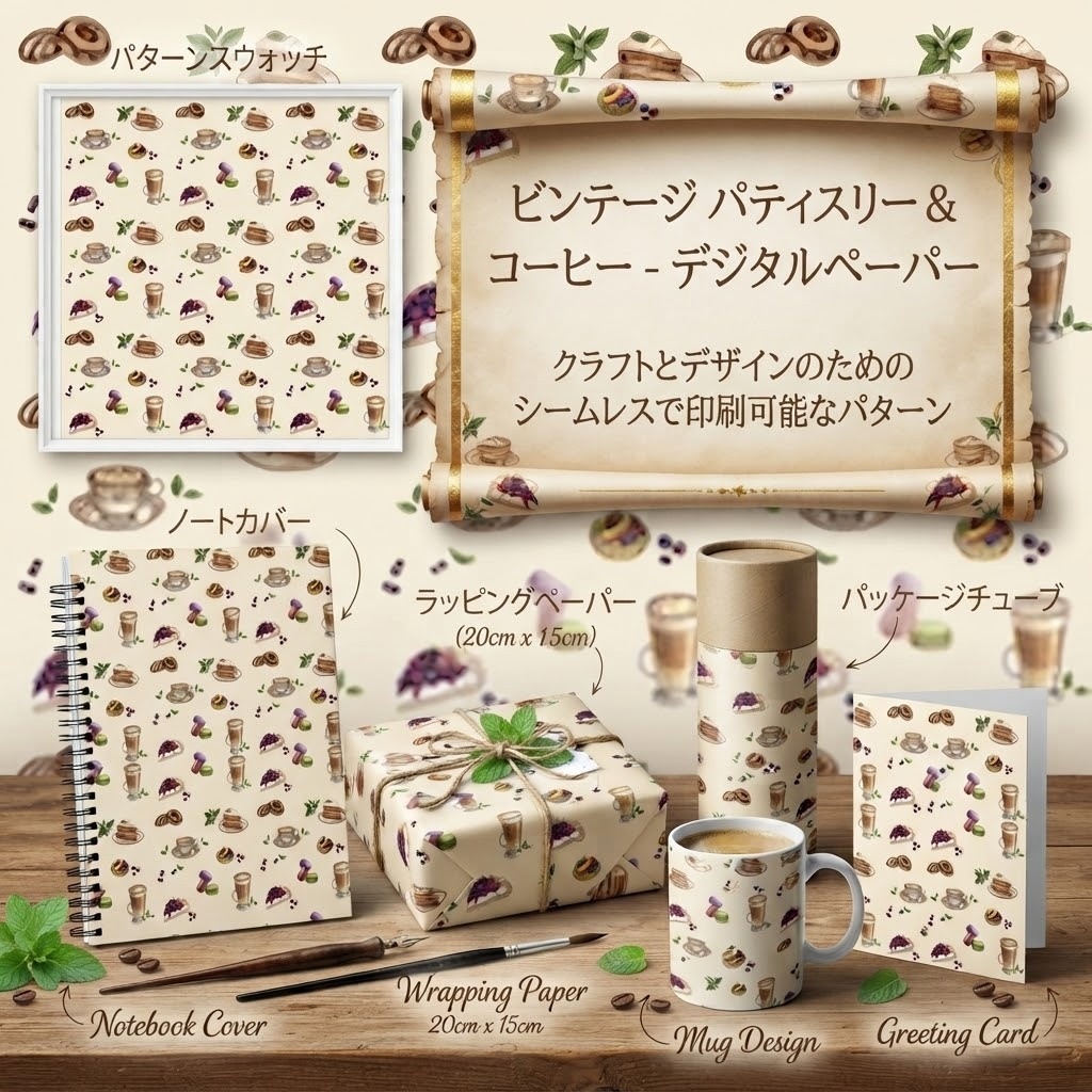 カフェデザート＆タルト シームレスパターン（アイボリー）