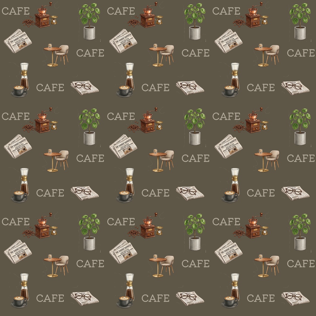 ヴィンテージカフェ＆インテリア シームレスパターン（ブラウン）