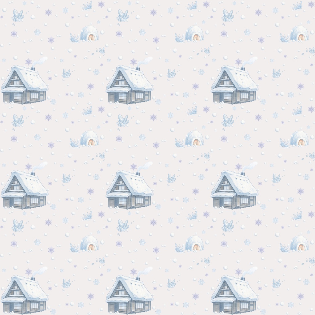 【4種セット】水彩冬景色・雪の結晶と雪だるまのレトロ可愛いデジタルペーパー(雪景色・家)【商用利用可】