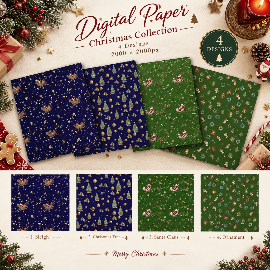 【4種セット】水彩クリスマス・ナイトサンタとツリーのレトロ可愛いデジタルペーパー（ネイビー＆グリーン）【商用利用可】