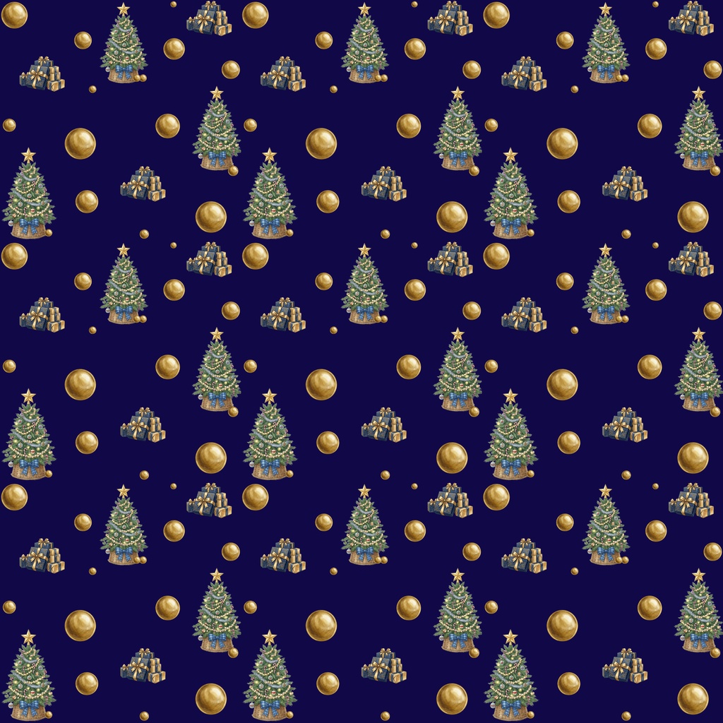 【4種セット】水彩クリスマス・ナイトサンタとツリーのレトロ可愛いデジタルペーパー(ネイビー&グリーン)【商用利用可】