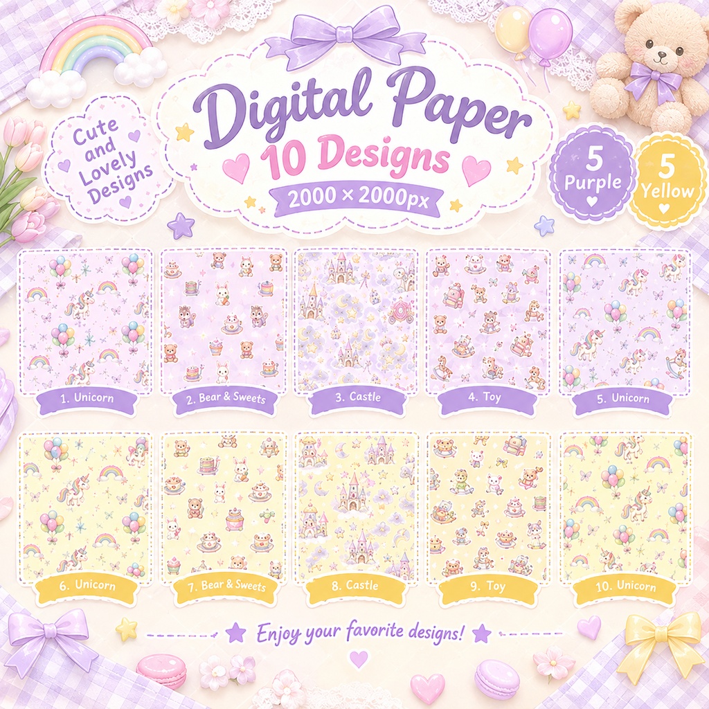 【10種セット】ゆめかわユニコーン・お城とおもちゃの可愛いデジタルペーパー（パープル＆イエロー）【商用利用可】