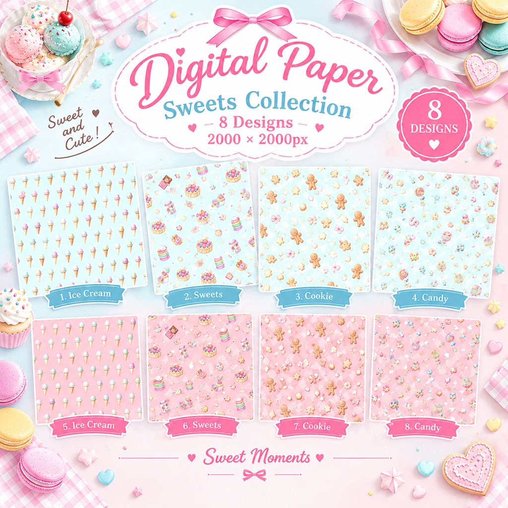 【8種セット】お菓子＆アイスクリーム・ゆめかわデジタルペーパー（水色＆ピンク）【商用利用可】