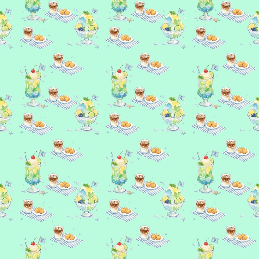 【12色セット】レトロ喫茶のクリームソーダとかき氷・夏の爽やかデジタルペーパー【商用利用可】