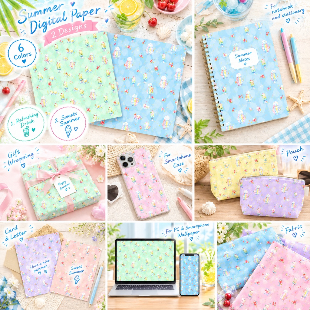 【12色セット】レトロ喫茶のクリームソーダとかき氷・夏の爽やかデジタルペーパー【商用利用可】