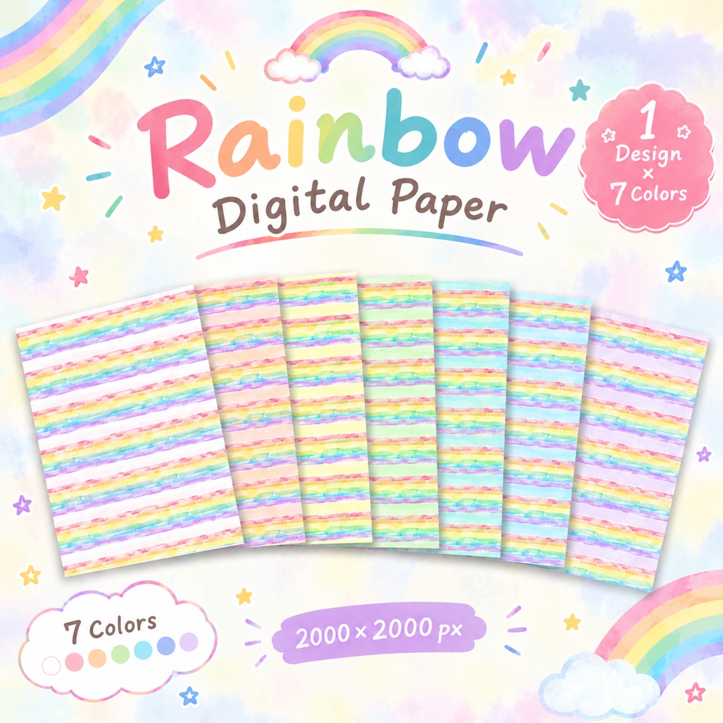 【7色セット】水彩レインボー・ボーダー柄デジタルペーパー（パステル＆ニュアンスカラー背景）【商用利用可】