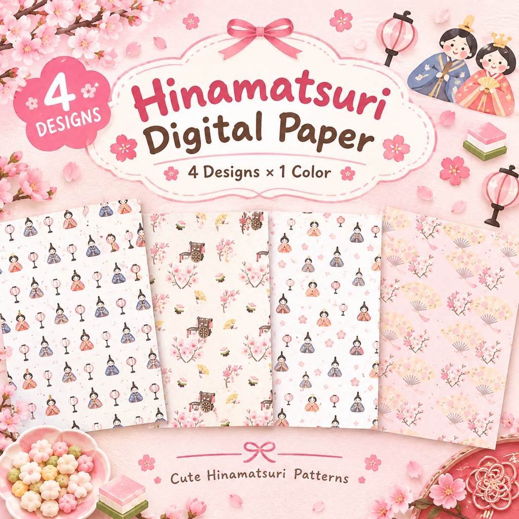 【デジタルペーパー4枚セット】ひな祭り・和風お雛様と春のモチーフ（商用利用可）