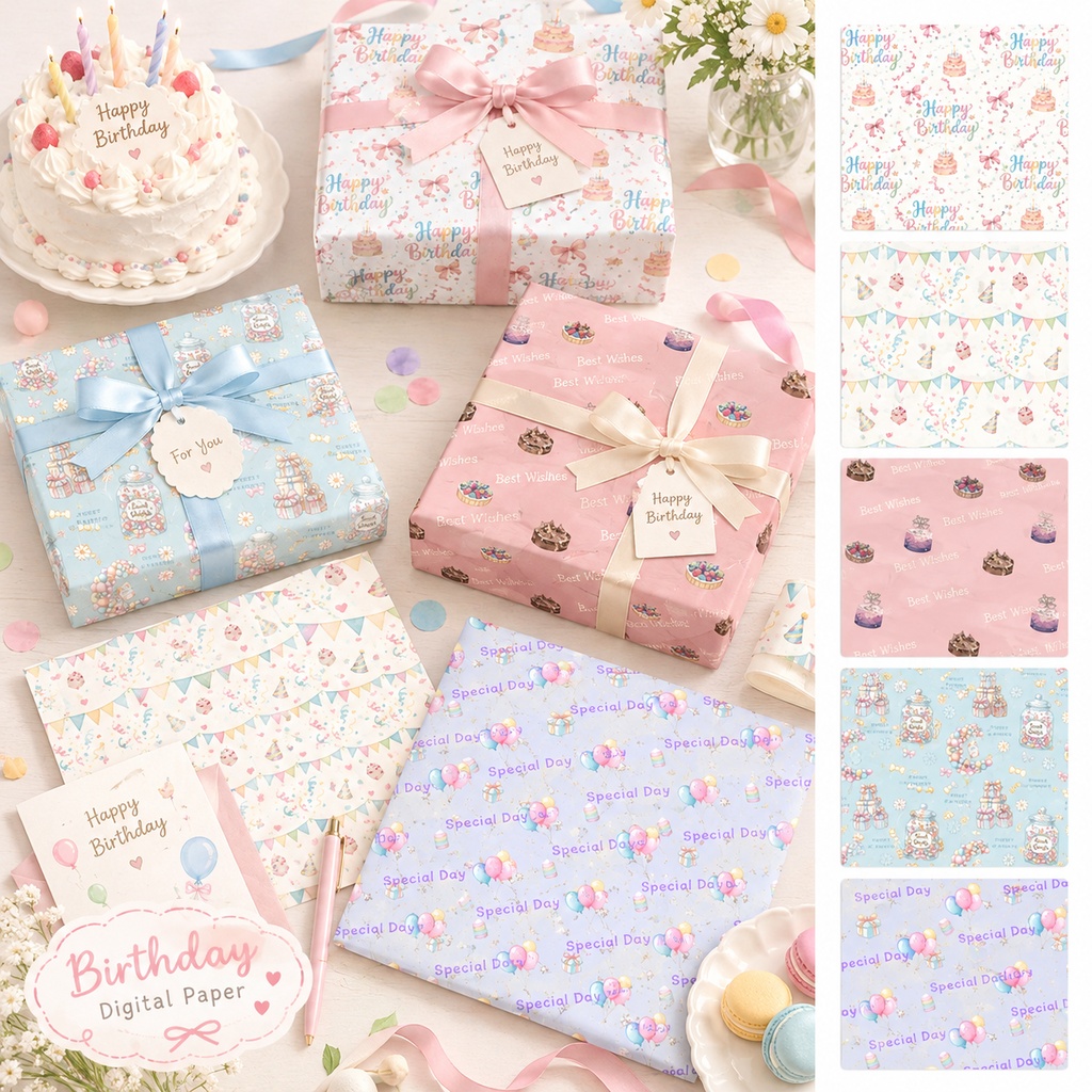 【商用利用可】水彩風バースデーデジタルペーパー 5種セット(ラッピング・コラージュ・手帳デコ向け)