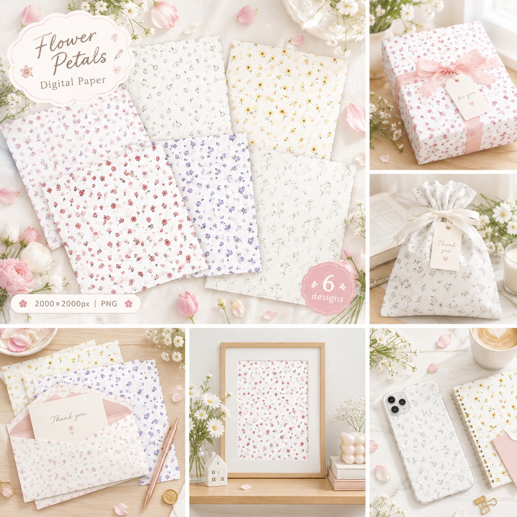 【商用利用可】水彩風 花びら&小花デジタルペーパー 6種セット(ボタニカル・手帳デコ・向け)
