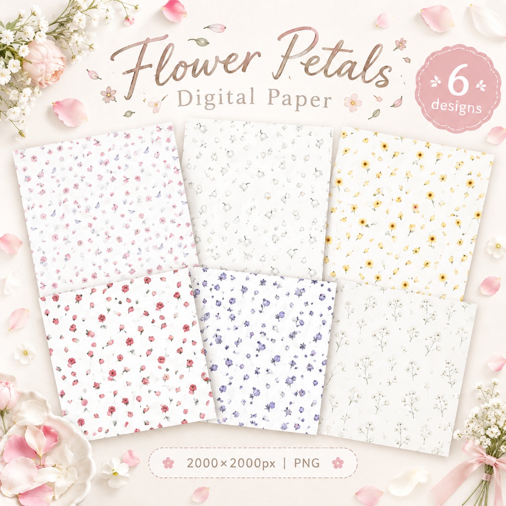 【商用利用可】水彩風 花びら＆小花デジタルペーパー 6種セット（ボタニカル・手帳デコ・向け）