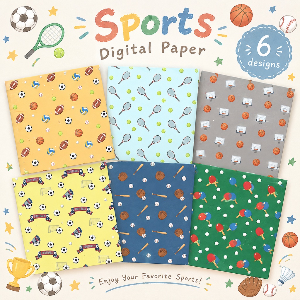 【商用利用可】ポップなスポーツ柄デジタルペーパー 6種セット（サッカー・野球・バスケ・テニス・卓球・アルバム・コラージュ用）