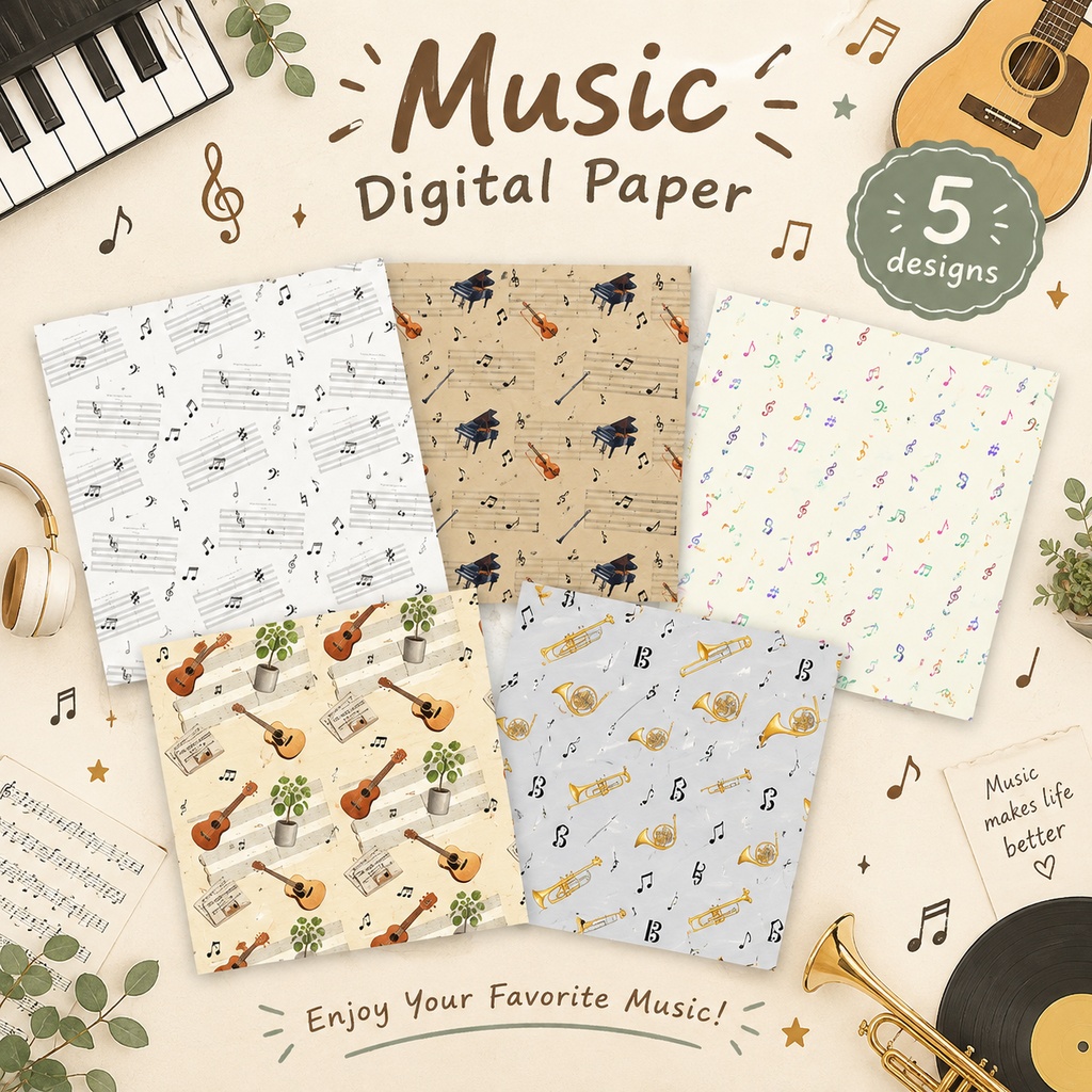 【商用利用可】音楽＆楽器のデジタルペーパー 5種セット（五線譜・ピアノ・ギター・管楽器・手帳デコ・コラージュ向け）