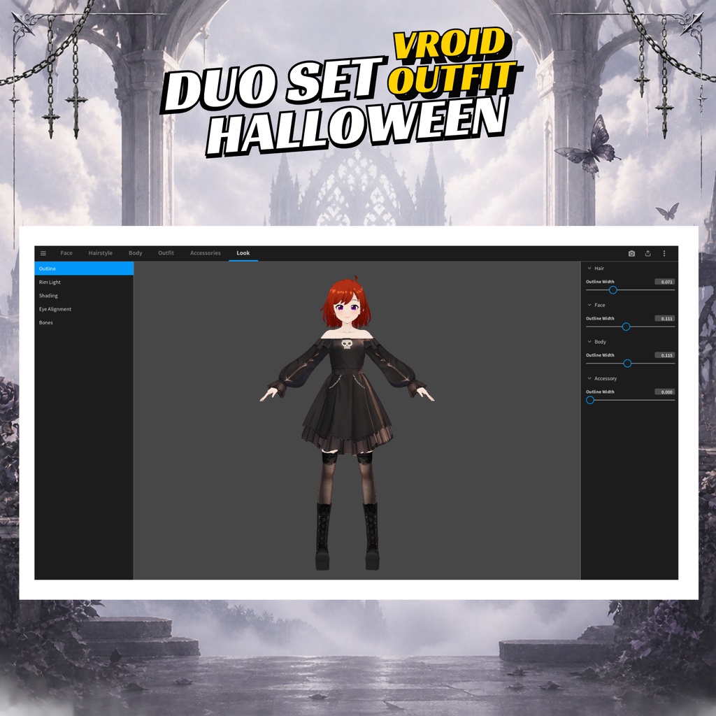 VRoidゴシックストリートコーデセット|ゴシックロリータドレス&ダークテックウェアスカートセット|VTuber衣装|ファンタジー系アニメアバターファッション