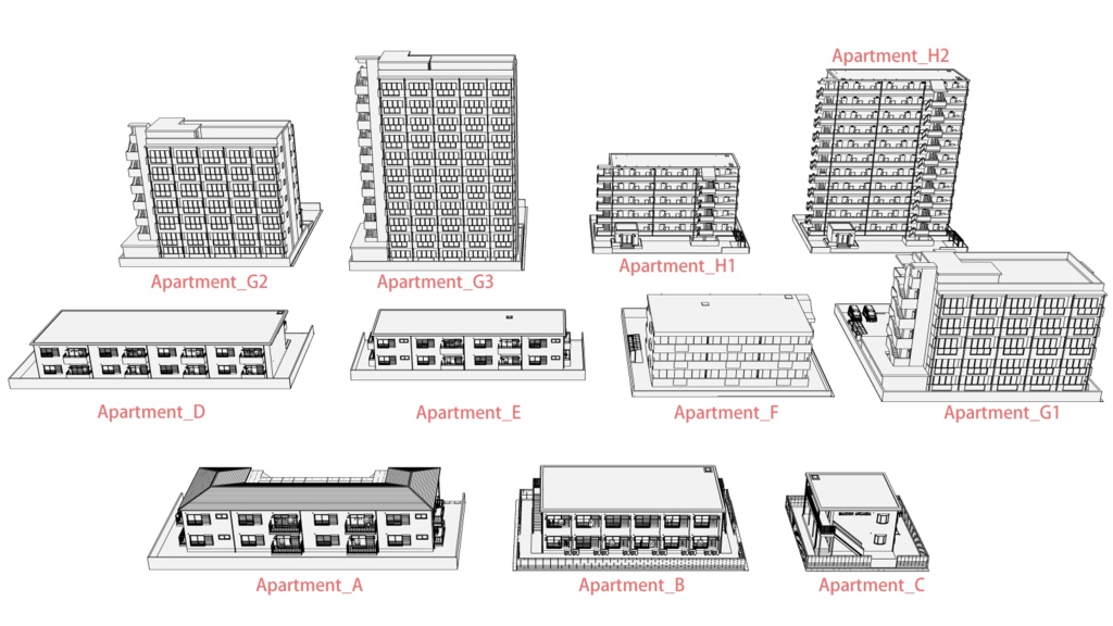 一軒家3D15軒/アパートマンション3D10軒セット