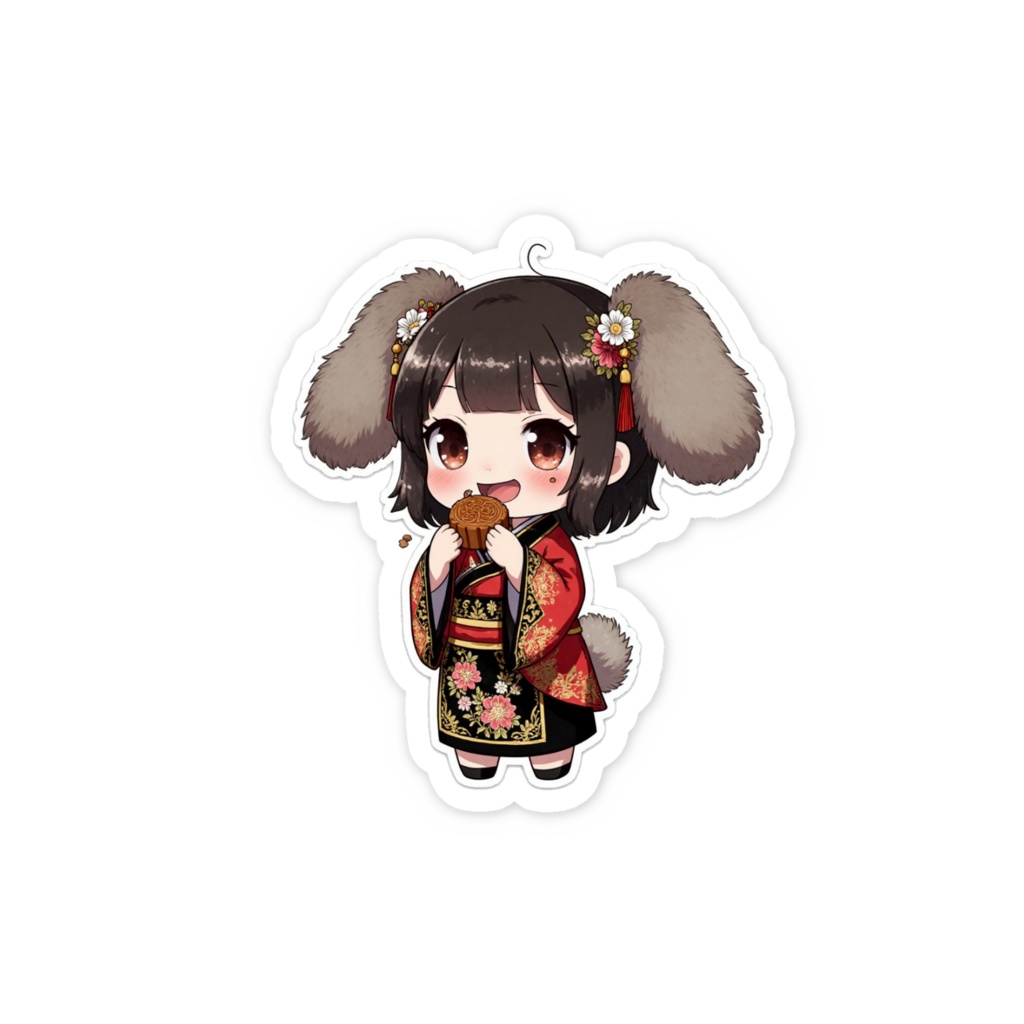 【ステッカー】中華風着物×犬耳の女の子が月餅をもぐもぐ|かわいい擬人化イラスト
