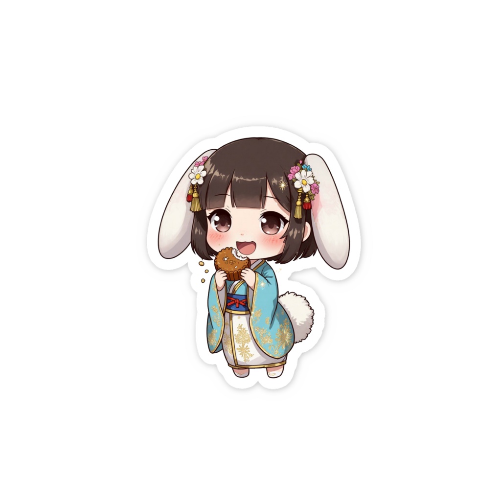 【ステッカー】青い服のうさ耳少女が月餅をもぐもぐ|かわいい擬人化イラスト