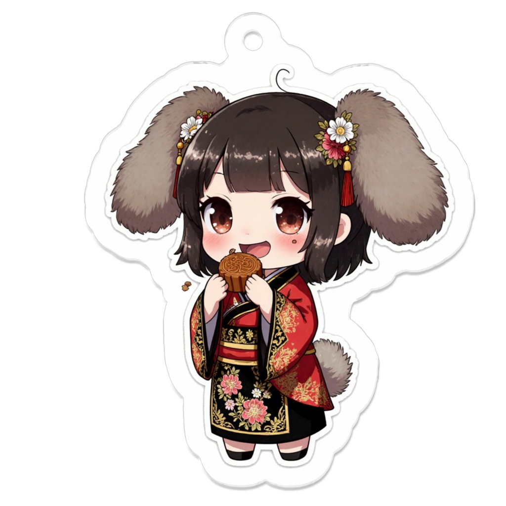 【アクリルキーホルダー】中華風着物×ふわ耳の女の子が月餅をもぐもぐ|かわいい擬人化イラスト