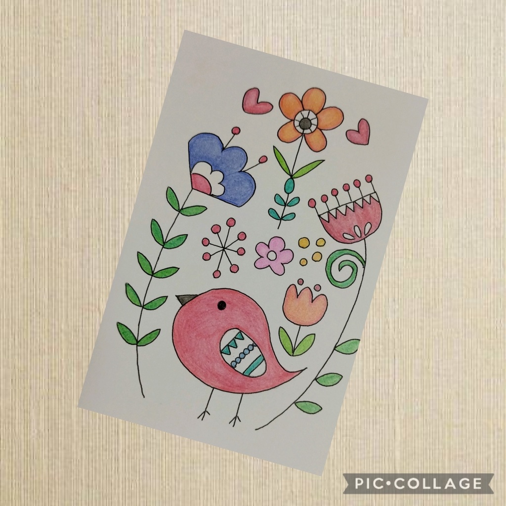手書きイラスト 原画 北欧風 花と鳥 ポストカード 北欧雑貨店ᴄʜᴏᴜᴄʜᴏᴜ Booth