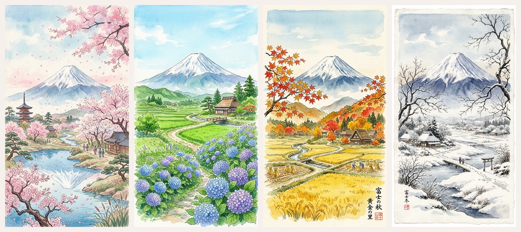 【スマホ壁紙】和風四季の待受セット｜富士山と季節の風景 4枚組