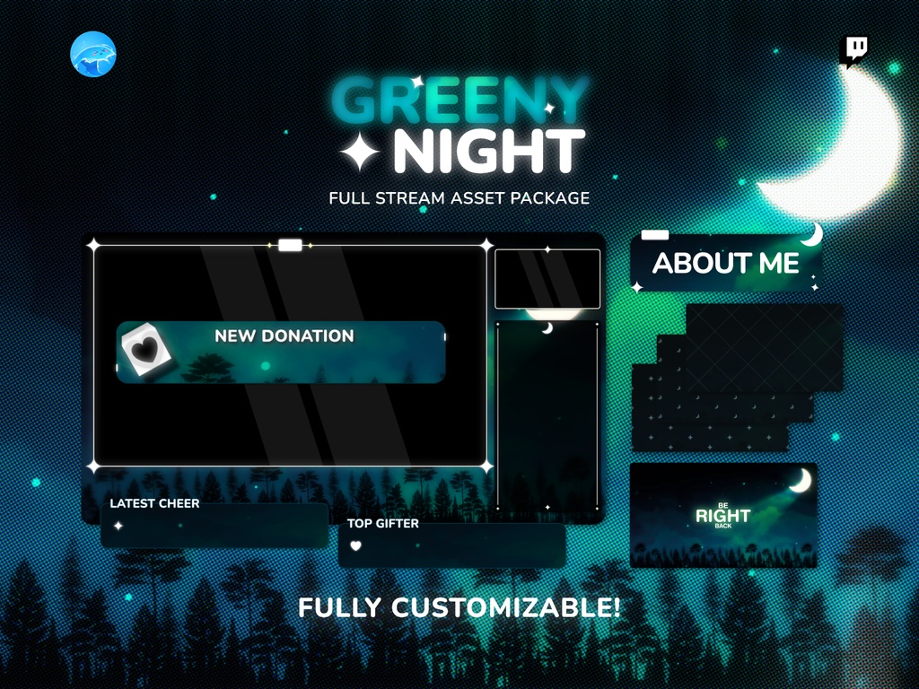 【動く配信画面/フルセット】深緑の夜「Greeny Night」Cozy & Chill 配信オーバーレイパッケージ / Greeny Night Stream Package (商用利用可)