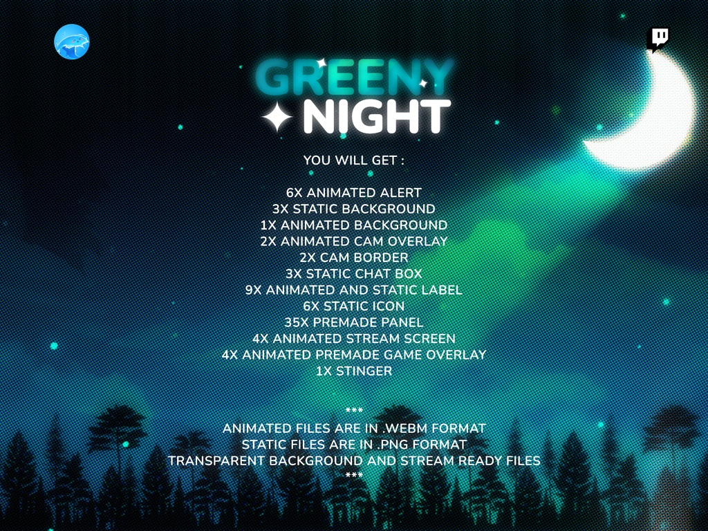 【動く配信画面/フルセット】深緑の夜「Greeny Night」Cozy & Chill 配信オーバーレイパッケージ / Greeny Night Stream Package (商用利用可)