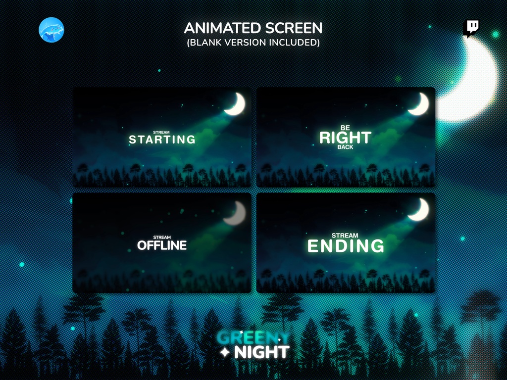 【動く配信画面/フルセット】深緑の夜「Greeny Night」Cozy & Chill 配信オーバーレイパッケージ / Greeny Night Stream Package (商用利用可)